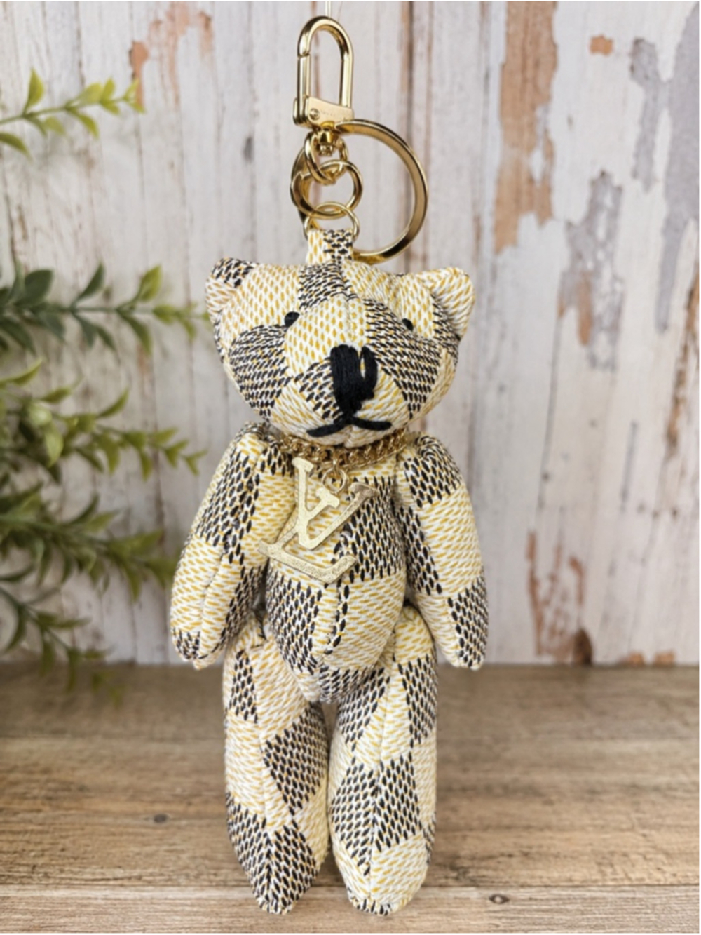 Handmade Designer Canvas Teddy Bear Keychain Charm Gold Tone